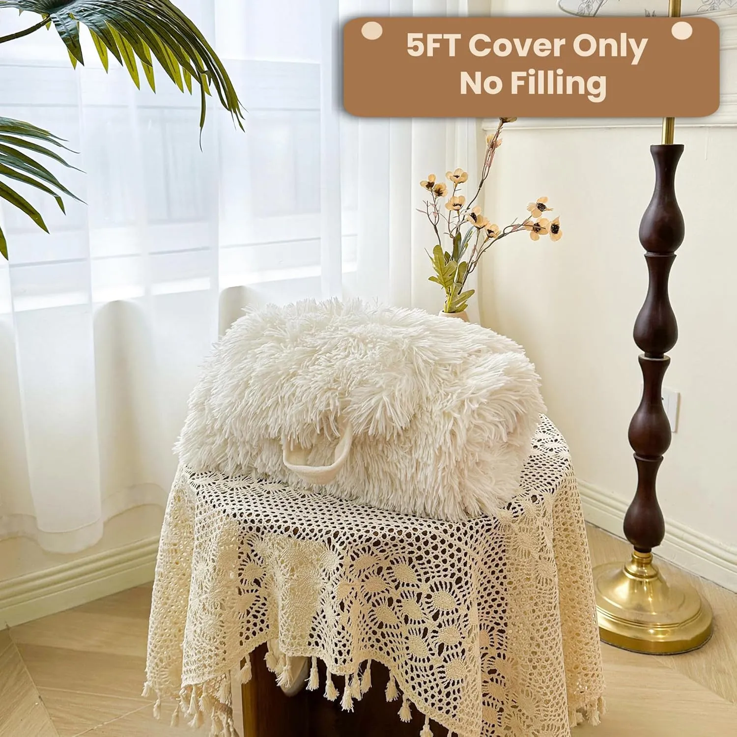MEGO 5FT Giant Faux Fur Bean Bag Chair Cover (No Filler), Soft Fluffy Lazy Sofa Bed Cover for Living Room Bedroom, Stuffed Animal Beanbag Storage for Plush Toys Textile, Anti-slip, Beige