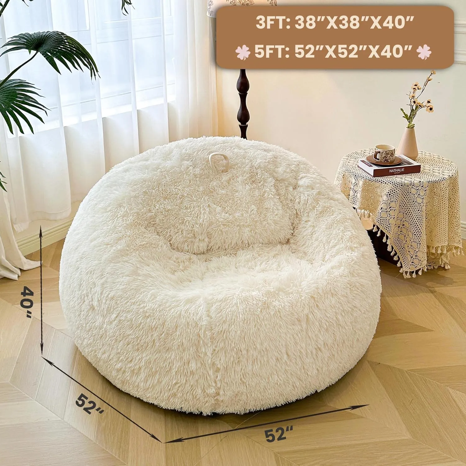 MEGO 5FT Giant Faux Fur Bean Bag Chair Cover (No Filler), Soft Fluffy Lazy Sofa Bed Cover for Living Room Bedroom, Stuffed Animal Beanbag Storage for Plush Toys Textile, Anti-slip, Beige
