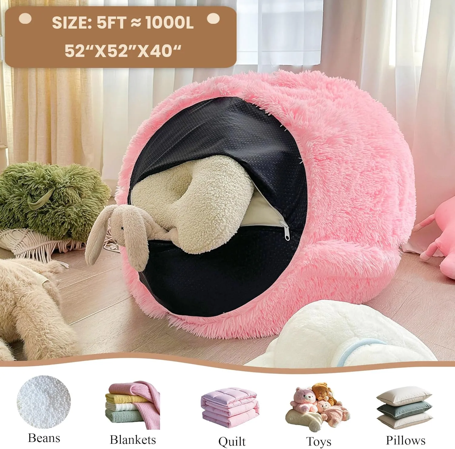 MEGO 5FT Giant Faux Fur Bean Bag Chair Cover (No Filler), Soft Fluffy Lazy Sofa Bed Cover for Living Room Bedroom, Stuffed Animal Beanbag Storage for Plush Toys Textile, Anti-slip, Beige