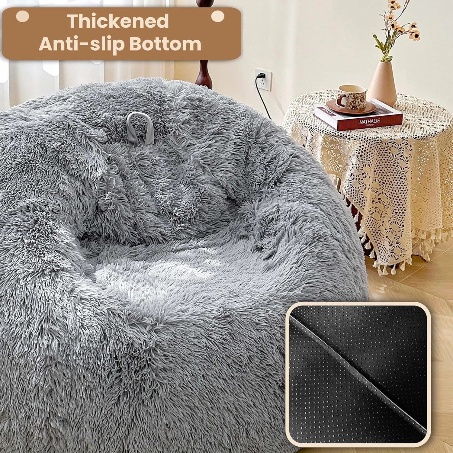 MEGO 5FT Oversized Soft Comfy Bean Bag Chair Cover (No Filler), Giant Fluffy Faux Fur Lazy Sofa Bed Cover Home Decor, Anti-slip Furry Stuffed Animal Storage for Organizing Plush Toys Textile, Grey