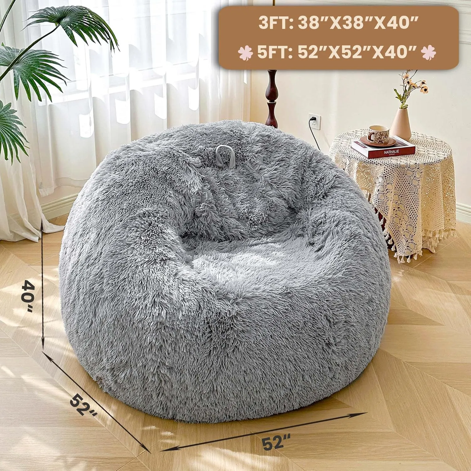 MEGO 5FT Oversized Soft Comfy Bean Bag Chair Cover (No Filler), Giant Fluffy Faux Fur Lazy Sofa Bed Cover Home Decor, Anti-slip Furry Stuffed Animal Storage for Organizing Plush Toys Textile, Grey