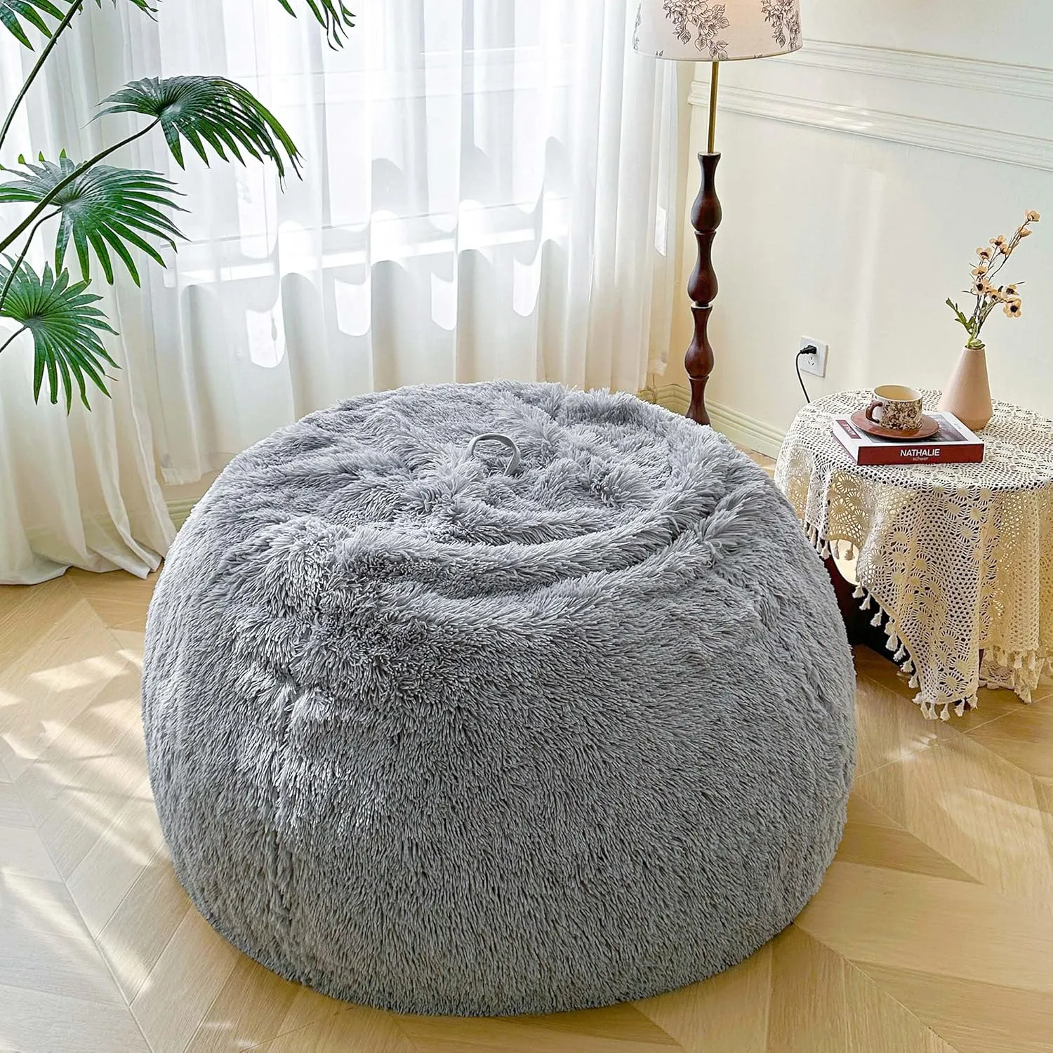 MEGO 5FT Oversized Soft Comfy Bean Bag Chair Cover (No Filler), Giant Fluffy Faux Fur Lazy Sofa Bed Cover Home Decor, Anti-slip Furry Stuffed Animal Storage for Organizing Plush Toys Textile, Grey