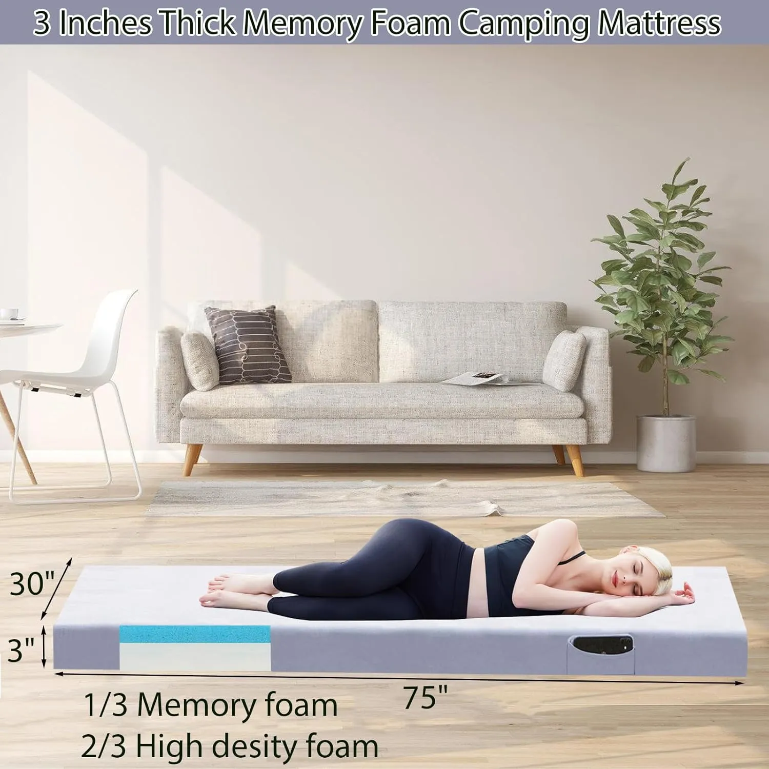 Memory Foam Camping Mattress Pad Portable Roll Up Bed Mattress Topper Lightweight Sleep Mat Cot Mattress Pad Guest Bed for Adults Travel Car Camping with Removable Waterproof Cover Travel Bag