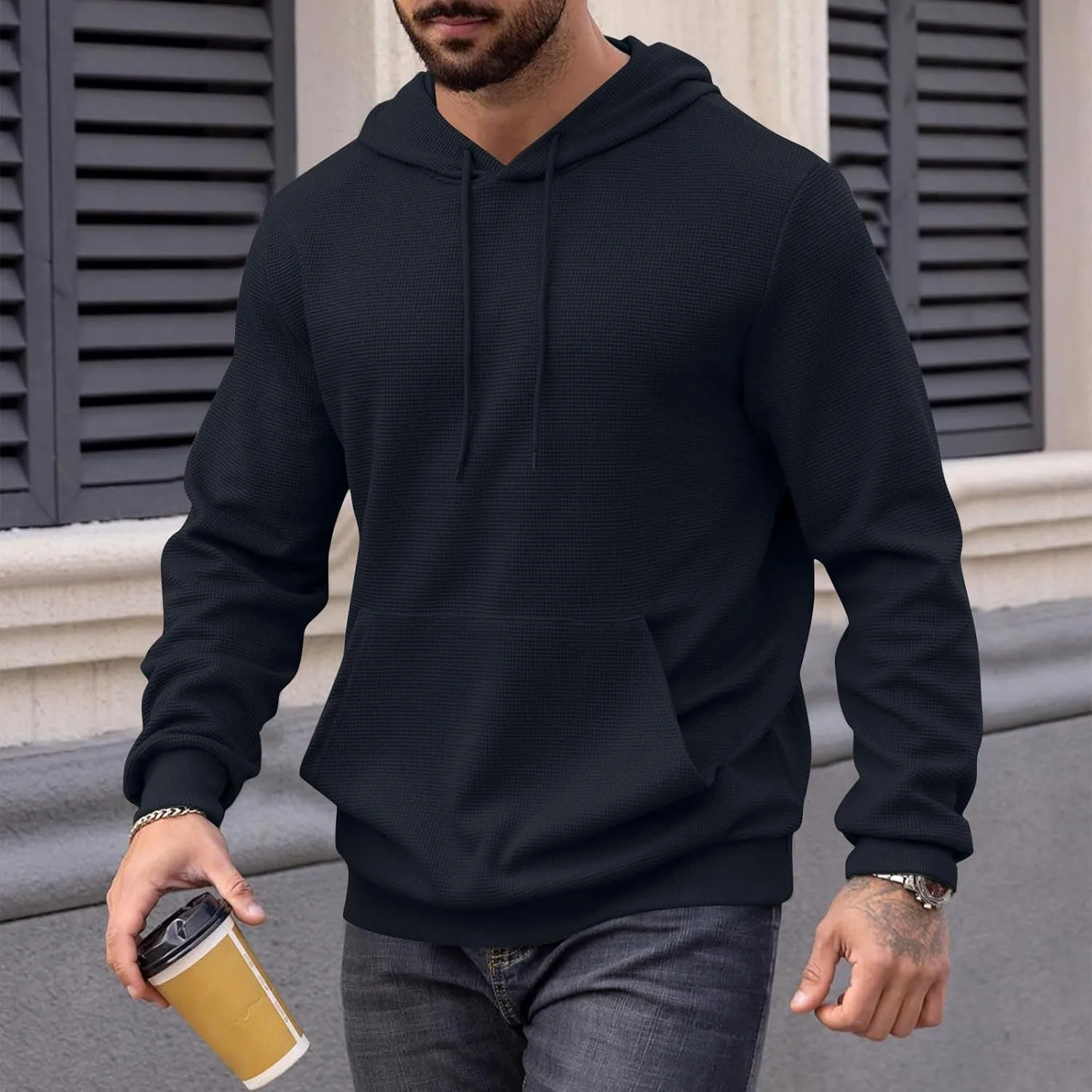 Men Hoodies Waffle Knit Solid Color Fashion Sweatshirts Long Sleeve Comfy Lightweight Hooded Sweatshirt