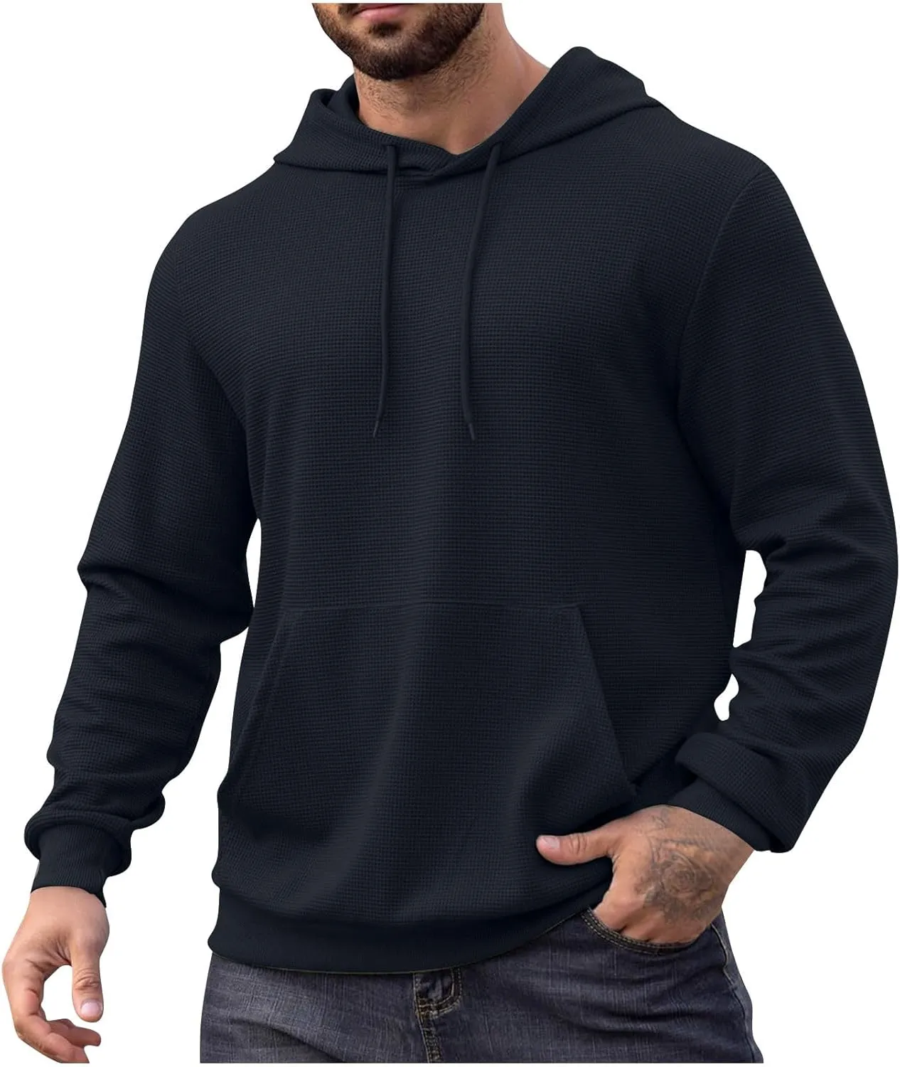 Men Hoodies Waffle Knit Solid Color Fashion Sweatshirts Long Sleeve Comfy Lightweight Hooded Sweatshirt