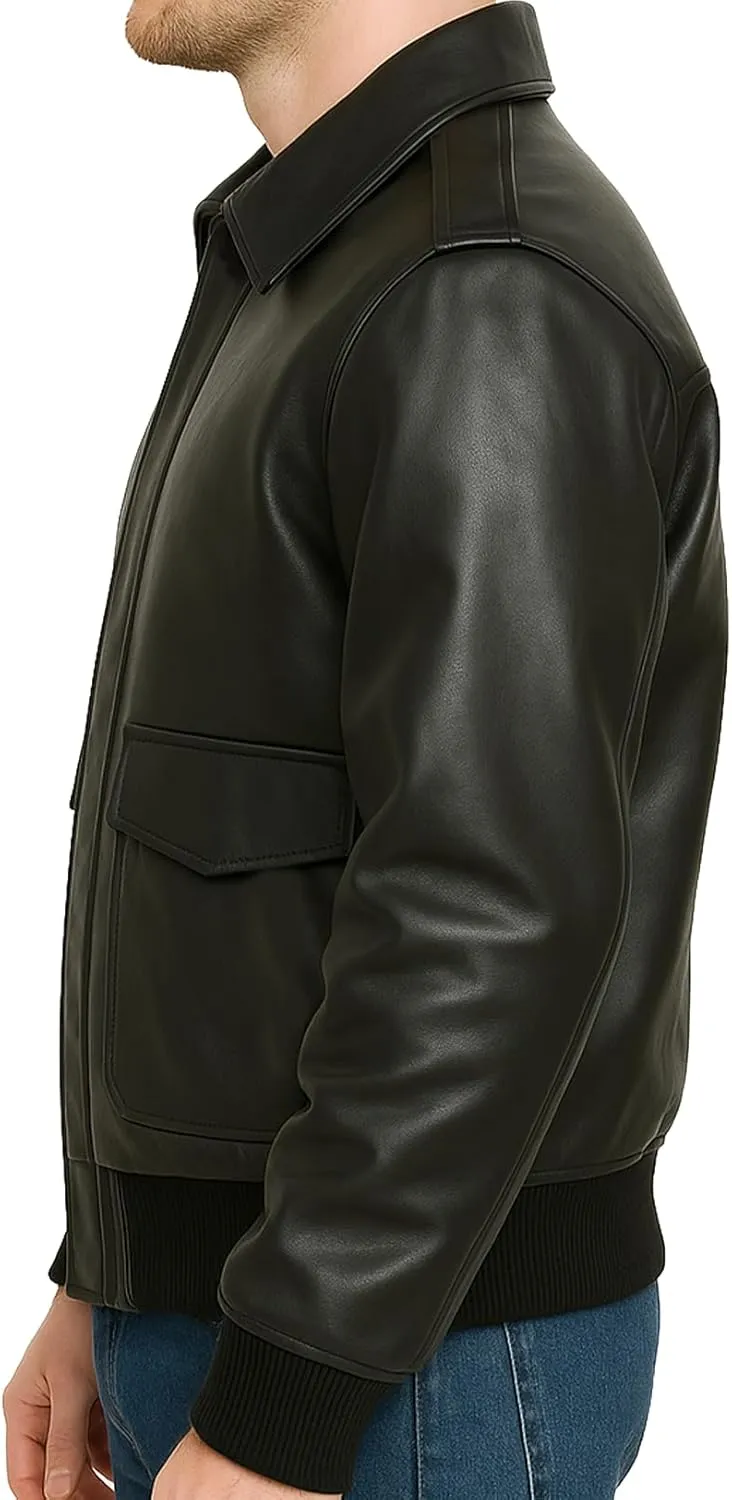 Mens A-2 Leather Bomber Jacket - WWII Aviator Flight Pilot Black Faux Leather Jacket