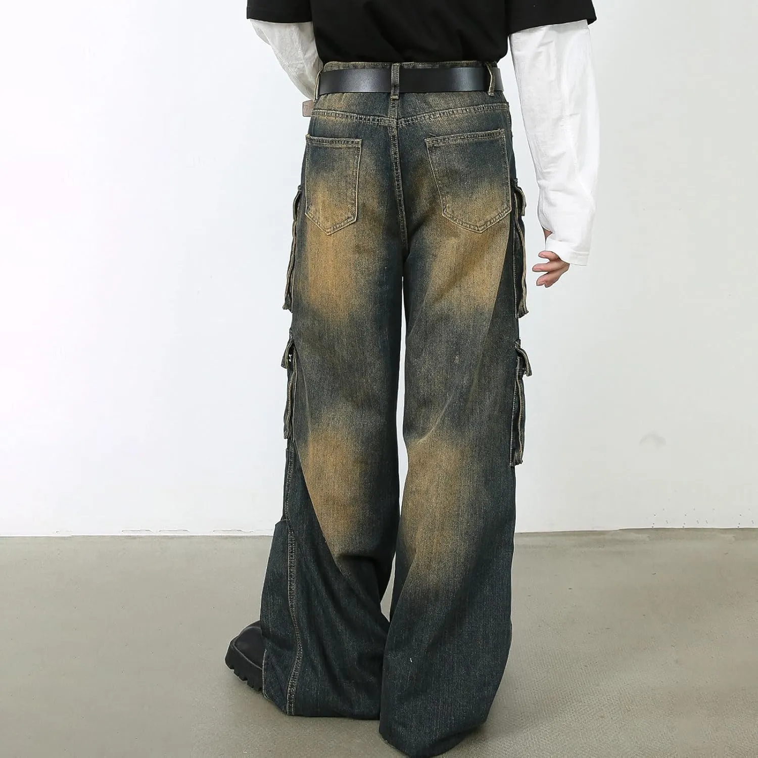 Men's Baggy Cargo Pants Y2K Vintage Multi-Pocket Jeans Wide Leg Streetwear Jogger Cargo Denim Pants