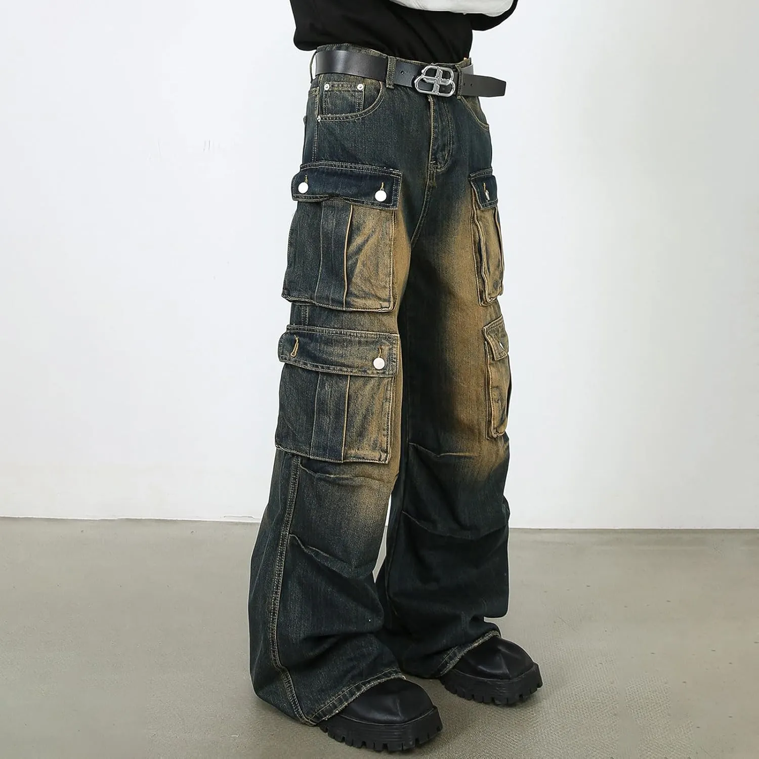 Men's Baggy Cargo Pants Y2K Vintage Multi-Pocket Jeans Wide Leg Streetwear Jogger Cargo Denim Pants