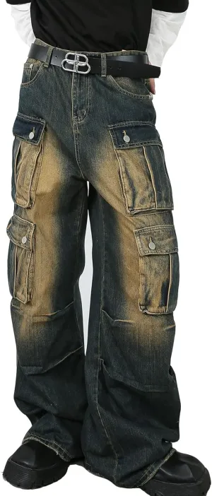 Men's Baggy Cargo Pants Y2K Vintage Multi-Pocket Jeans Wide Leg Streetwear Jogger Cargo Denim Pants