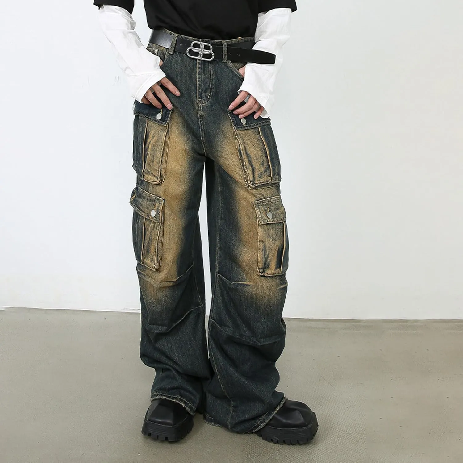Men's Baggy Cargo Pants Y2K Vintage Multi-Pocket Jeans Wide Leg Streetwear Jogger Cargo Denim Pants