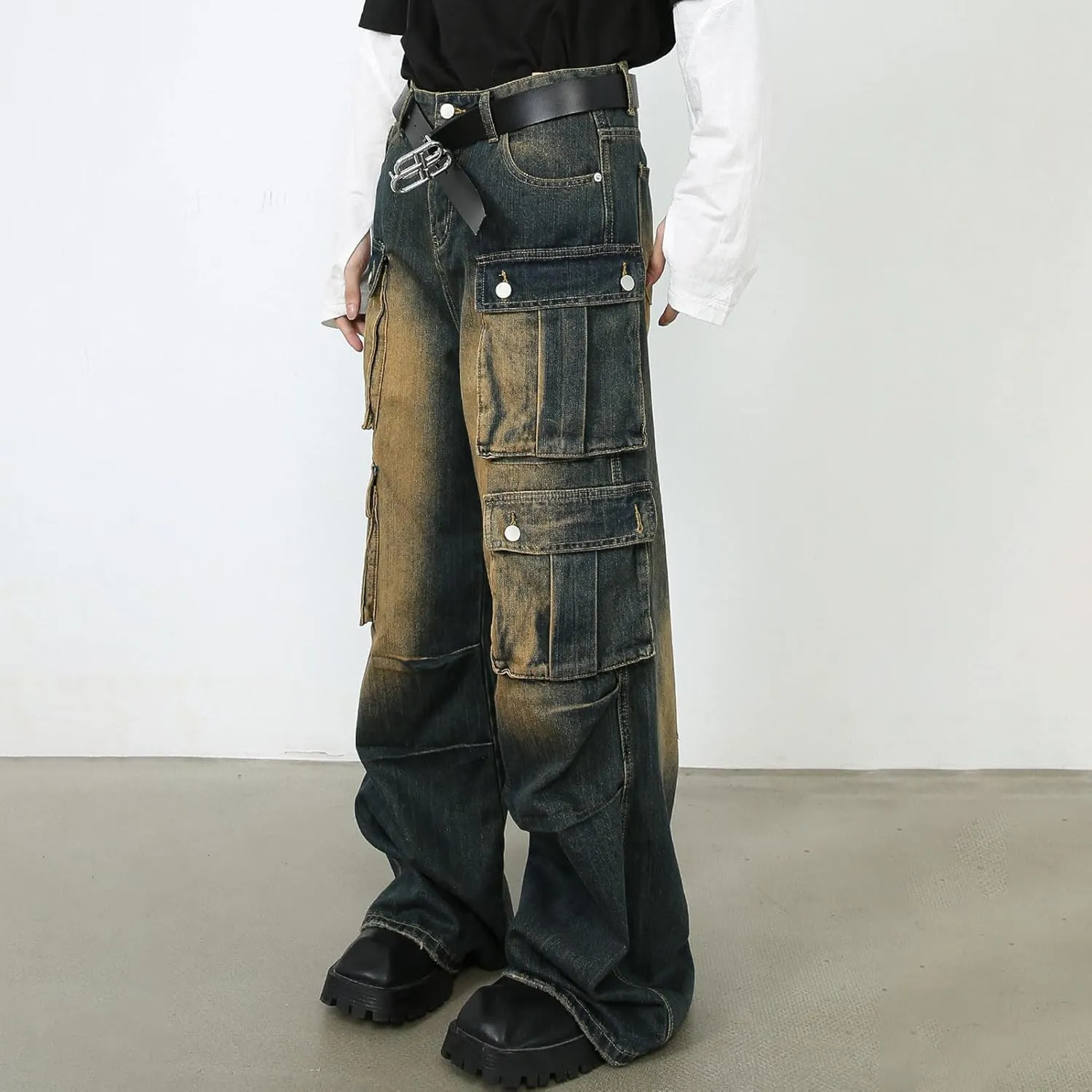Men's Baggy Cargo Pants Y2K Vintage Multi-Pocket Jeans Wide Leg Streetwear Jogger Cargo Denim Pants