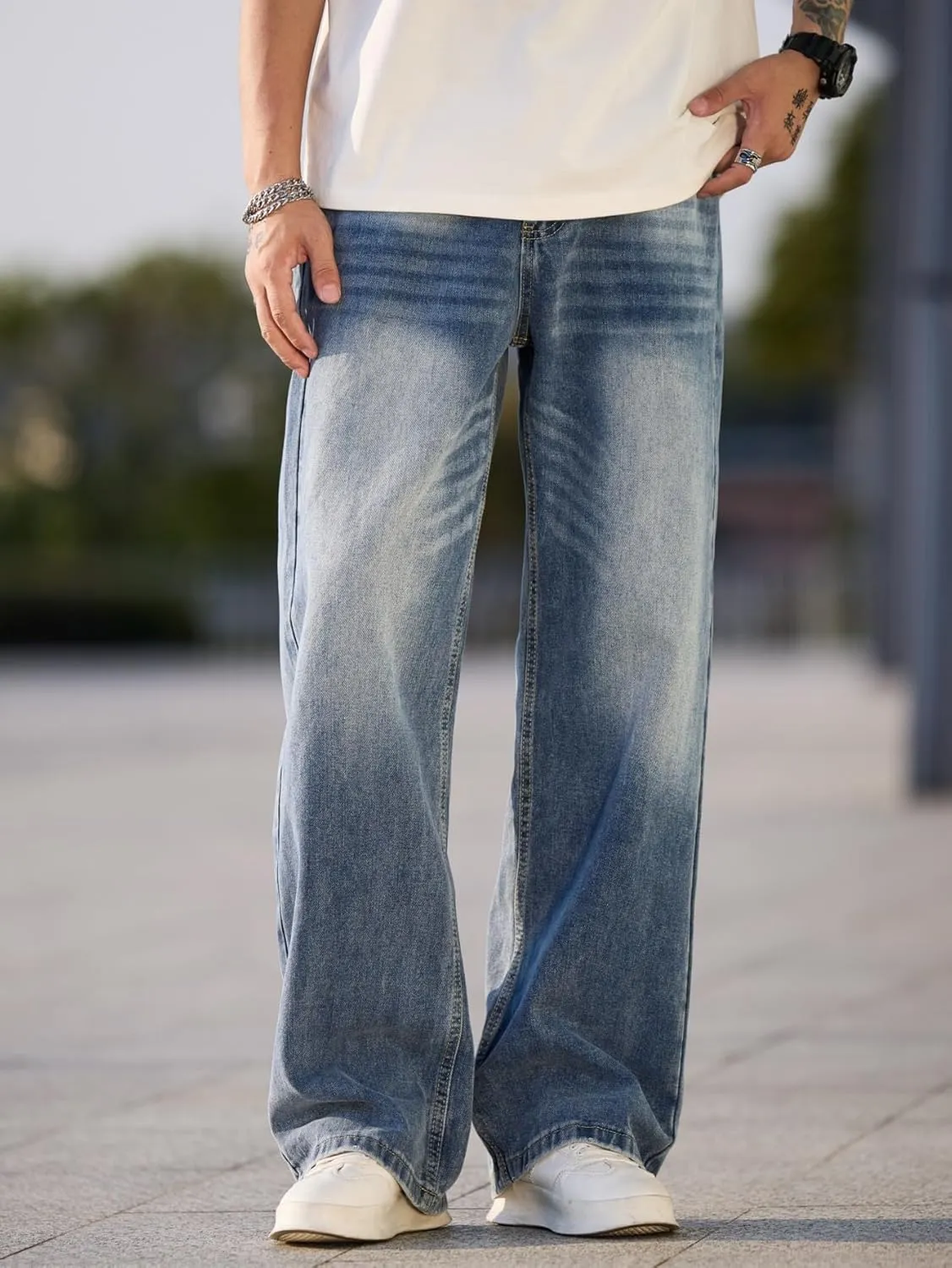 Mens Baggy Jeans with Cargo Pockets Goth Steampunk Y2k Wide Leg Denim Pants Skater Streetwear