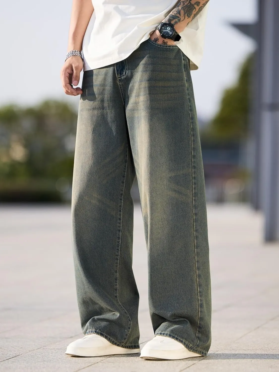 Men's Baggy Jeans Y2K Vintage Wide Leg Denim Pants Hip Hop Skater Jeans Loose Fit Trousers 2000s Streetwear