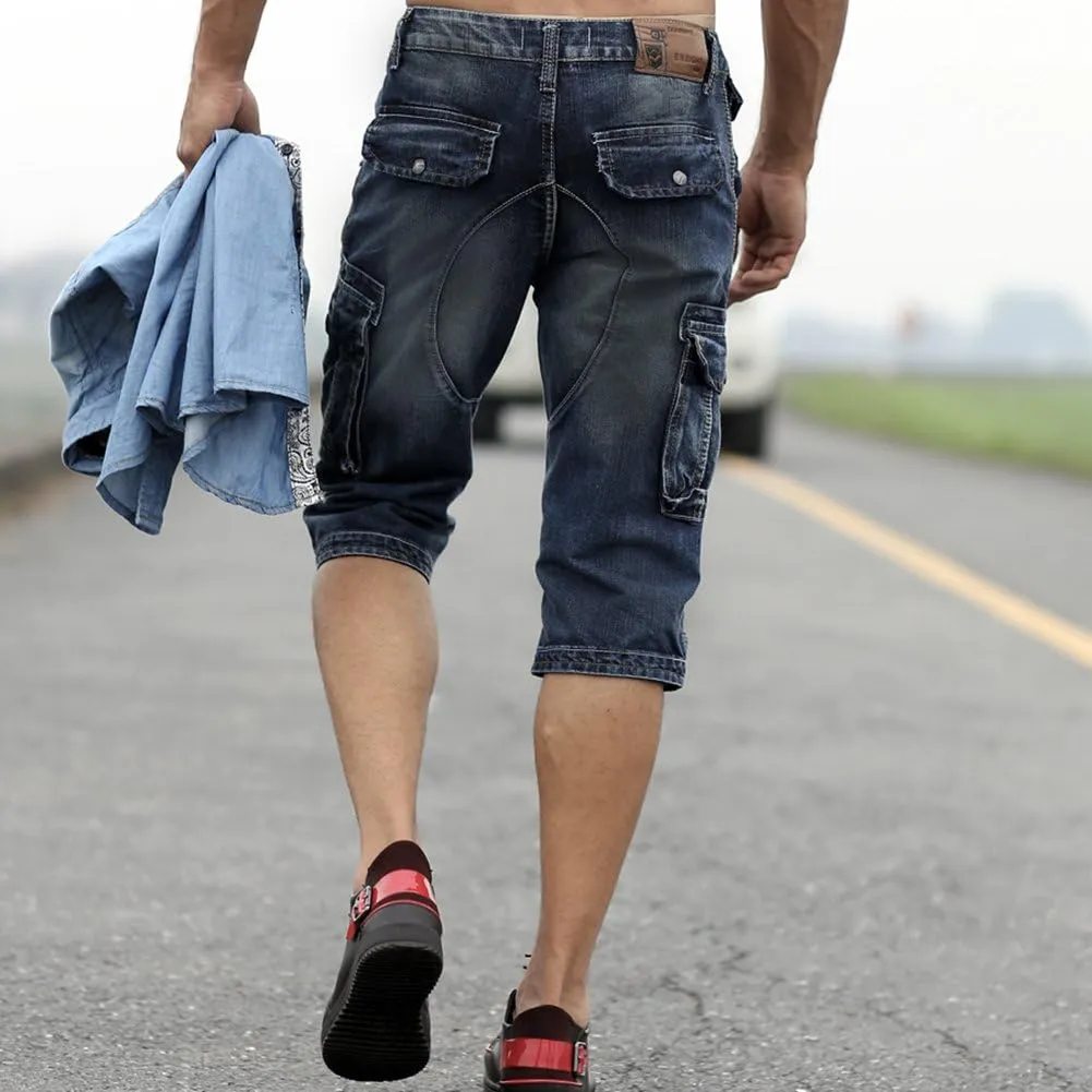Men`s Cargo Denim Biker Jeans Shorts with Zippers