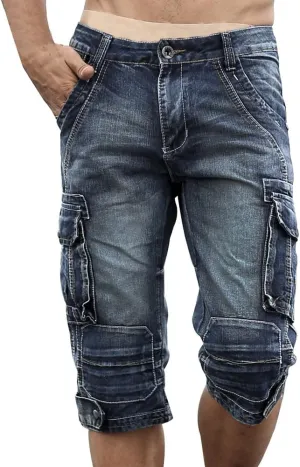 Men`s Cargo Denim Biker Jeans Shorts with Zippers