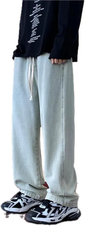 Men's Jeans Loose Straight Leg Fit Washed Denim Pants Trousers for Autumn Mid Waist Inelastic Drawstring Closure