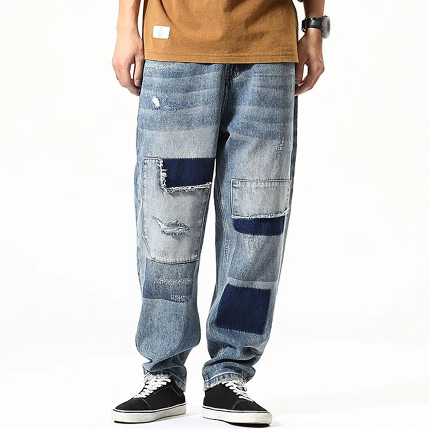 Mens Light Ripped Baggy Jeans Frayed Hem Destroyed Denim Pant Casual 90's Hip Hop Cowboy Trousers