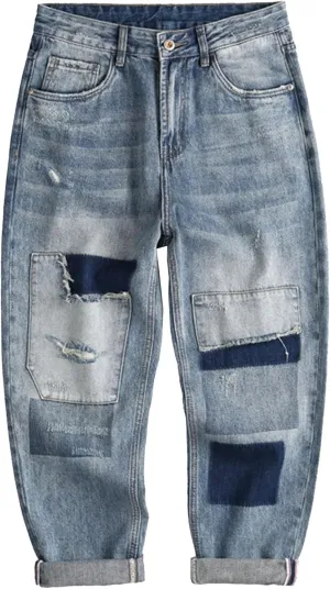 Mens Light Ripped Baggy Jeans Frayed Hem Destroyed Denim Pant Casual 90's Hip Hop Cowboy Trousers