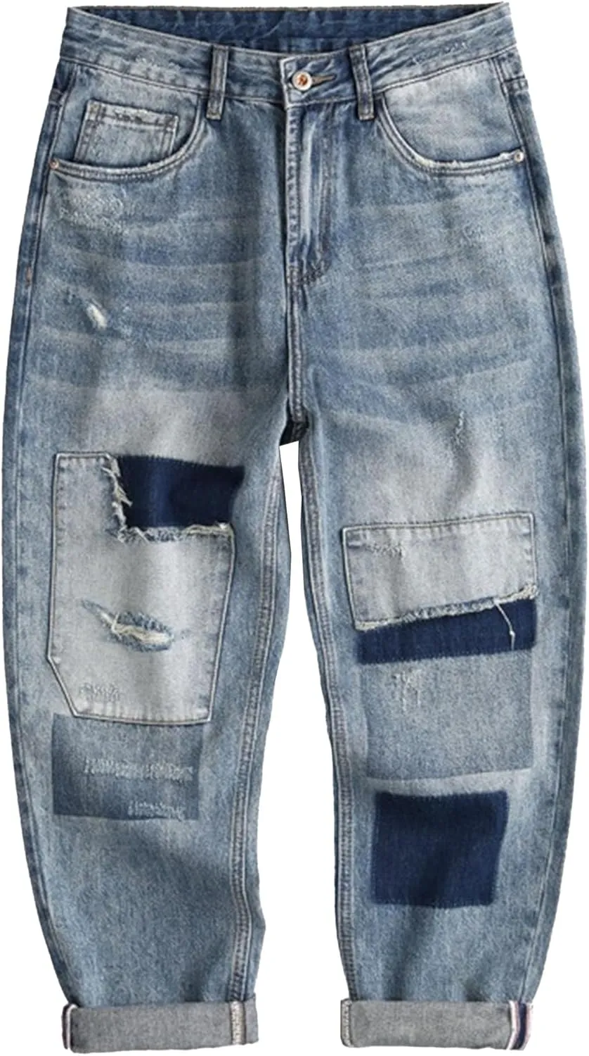 Mens Light Ripped Baggy Jeans Frayed Hem Destroyed Denim Pant Casual 90's Hip Hop Cowboy Trousers