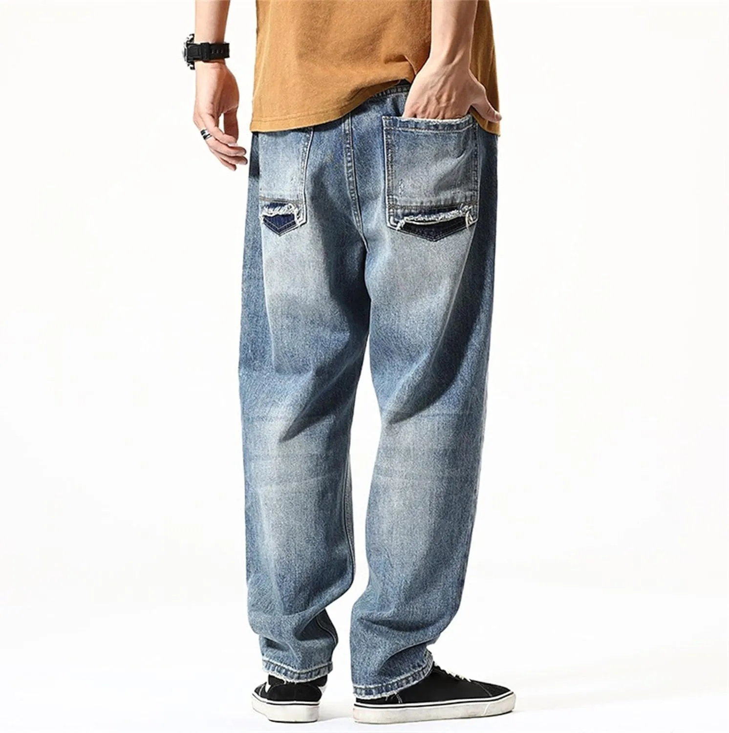 Mens Light Ripped Baggy Jeans Frayed Hem Destroyed Denim Pant Casual 90's Hip Hop Cowboy Trousers