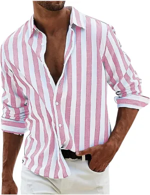 Mens Linen Striped Button Down Shirts Casual Beach Long Sleeve Collar Top Shirts Summer Fall 2024 Fashion Shirt