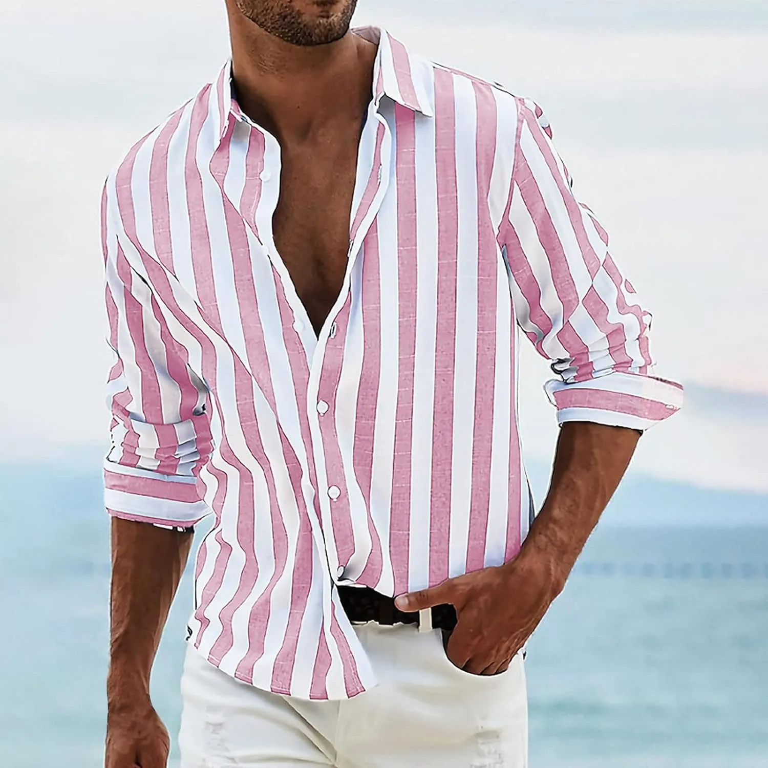 Mens Linen Striped Button Down Shirts Casual Beach Long Sleeve Collar Top Shirts Summer Fall 2024 Fashion Shirt
