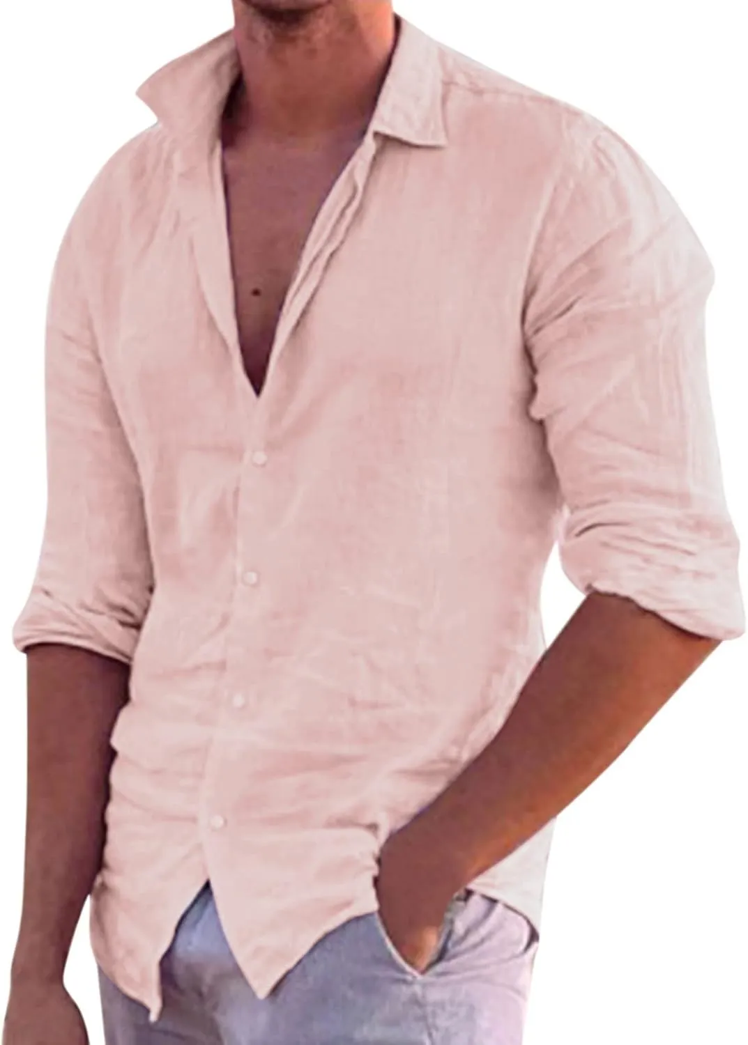 Men's Long Sleeve Cotton Linen Shirt Beach Buttons Down Solid Plain Roll Up Sleeve Summer Beach Shirts Work Shirt