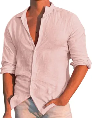 Men's Long Sleeve Cotton Linen Shirt Beach Buttons Down Solid Plain Roll Up Sleeve Summer Beach Shirts Work Shirt