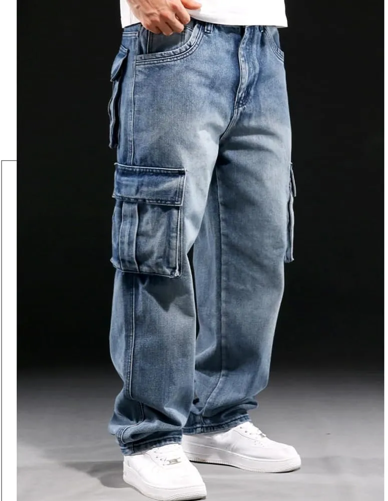 Mens Loose Fit Hip Hop Jeans Casual Cargo Denim Pants with Multi Pockets