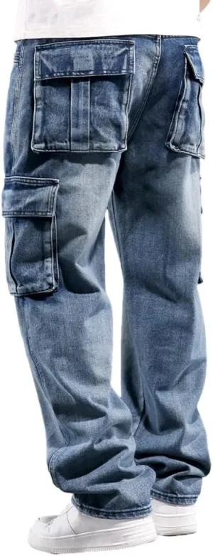 Mens Loose Fit Hip Hop Jeans Casual Cargo Denim Pants with Multi Pockets