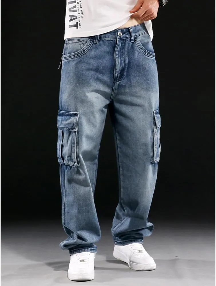 Mens Loose Fit Hip Hop Jeans Casual Cargo Denim Pants with Multi Pockets