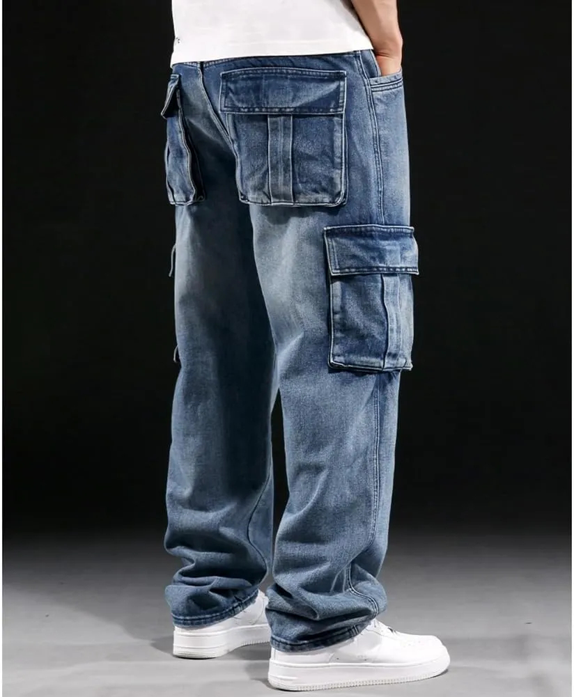 Mens Loose Fit Hip Hop Jeans Casual Cargo Denim Pants with Multi Pockets