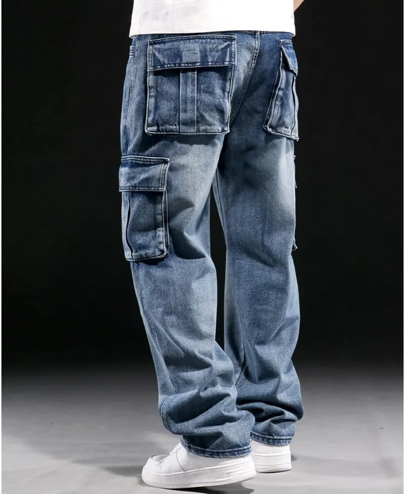 Mens Loose Fit Hip Hop Jeans Casual Cargo Denim Pants with Multi Pockets