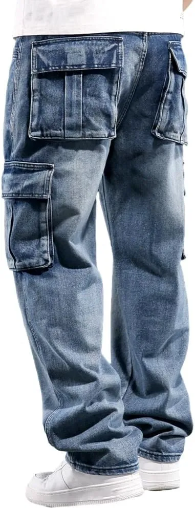 Mens Loose Fit Hip Hop Jeans Casual Cargo Denim Pants with Multi Pockets