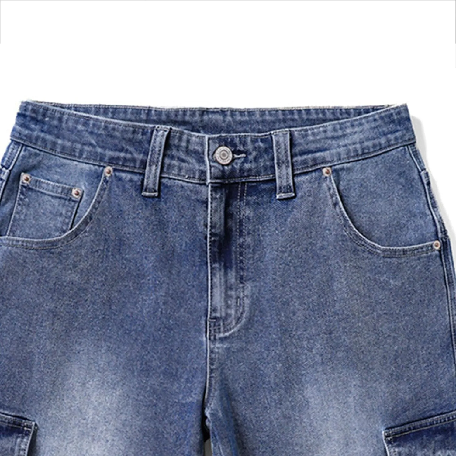 Men's Multi-Pocket Jean Half Pants Relaxed Fit Cargo Jean Shorts Male Straight Leg Denim Short
