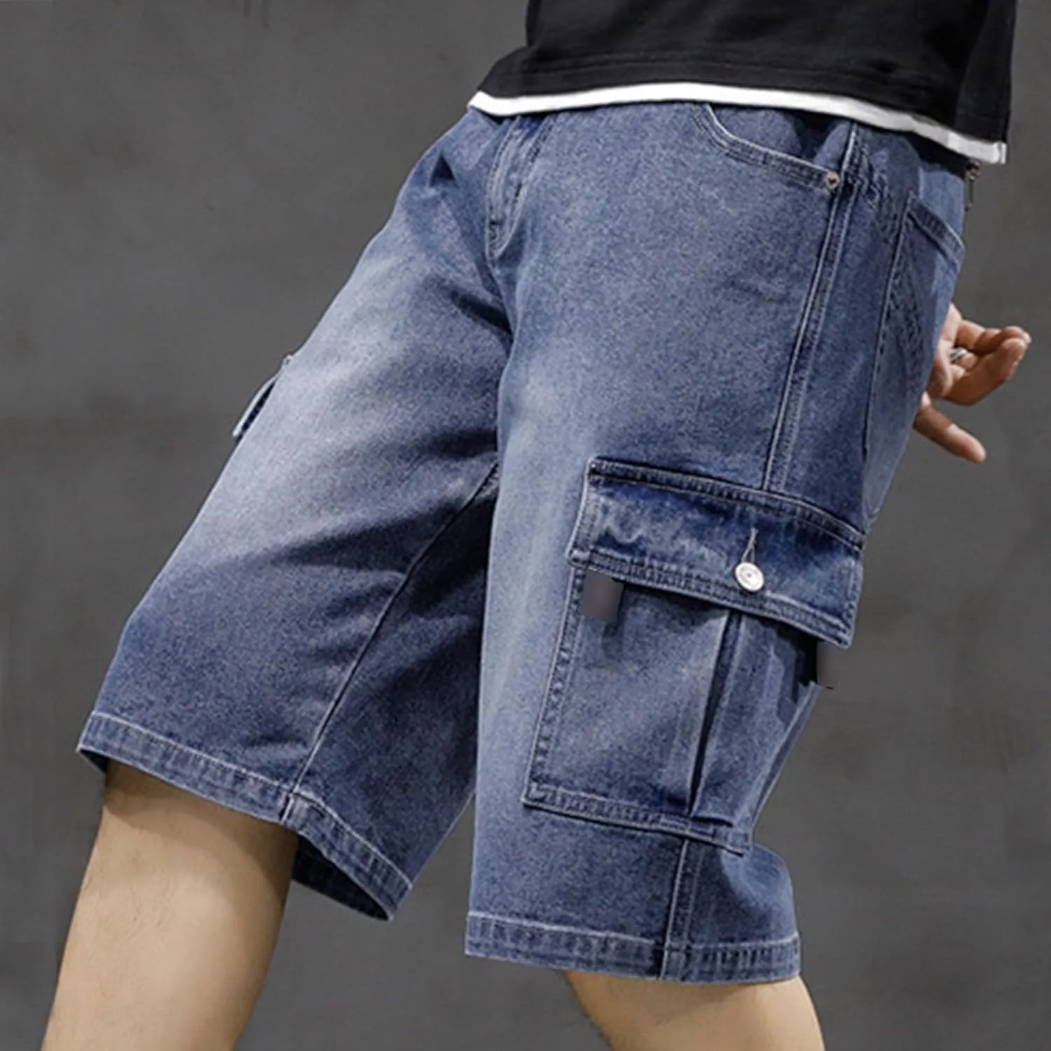 Men's Multi-Pocket Jean Half Pants Relaxed Fit Cargo Jean Shorts Male Straight Leg Denim Short