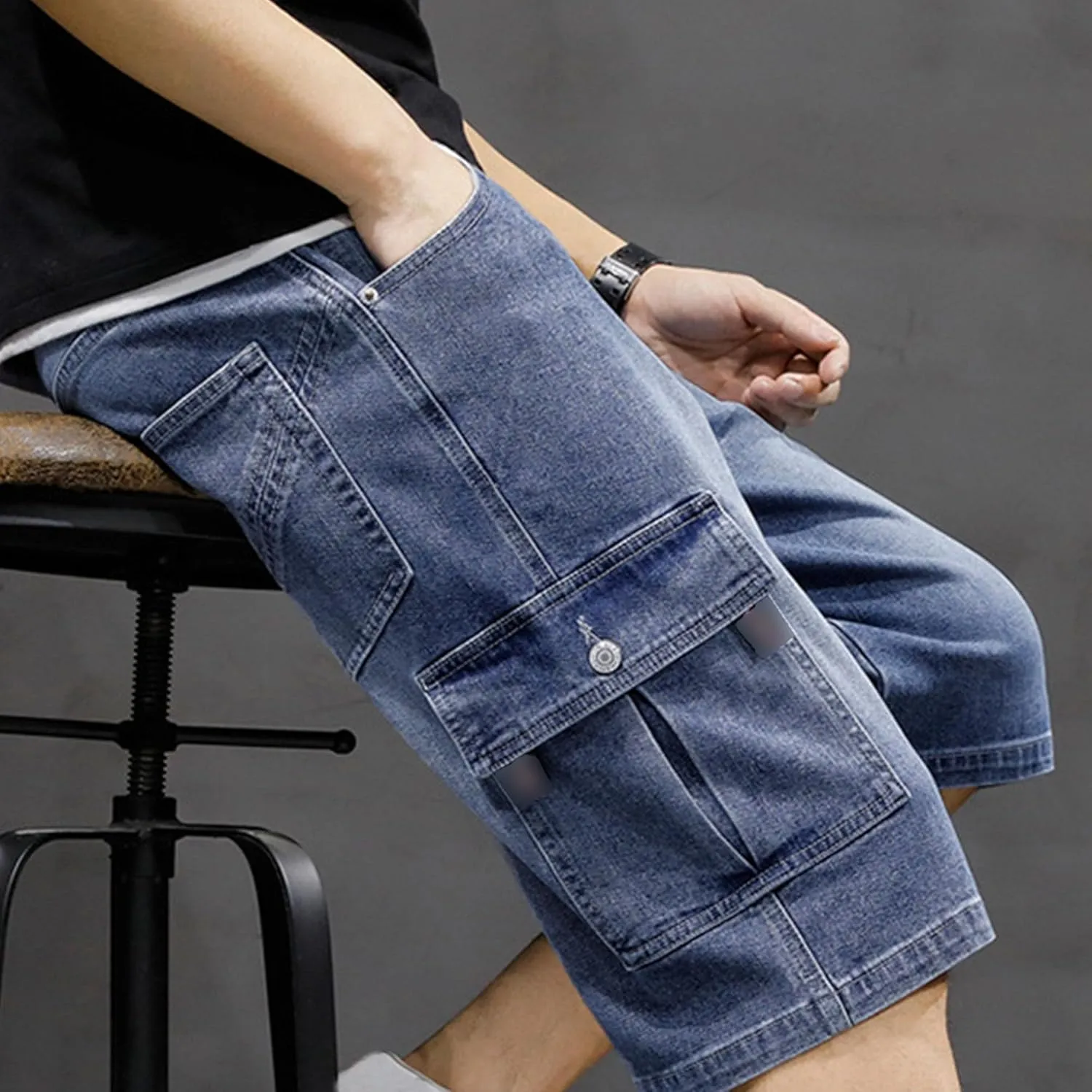 Men's Multi-Pocket Jean Half Pants Relaxed Fit Cargo Jean Shorts Male Straight Leg Denim Short