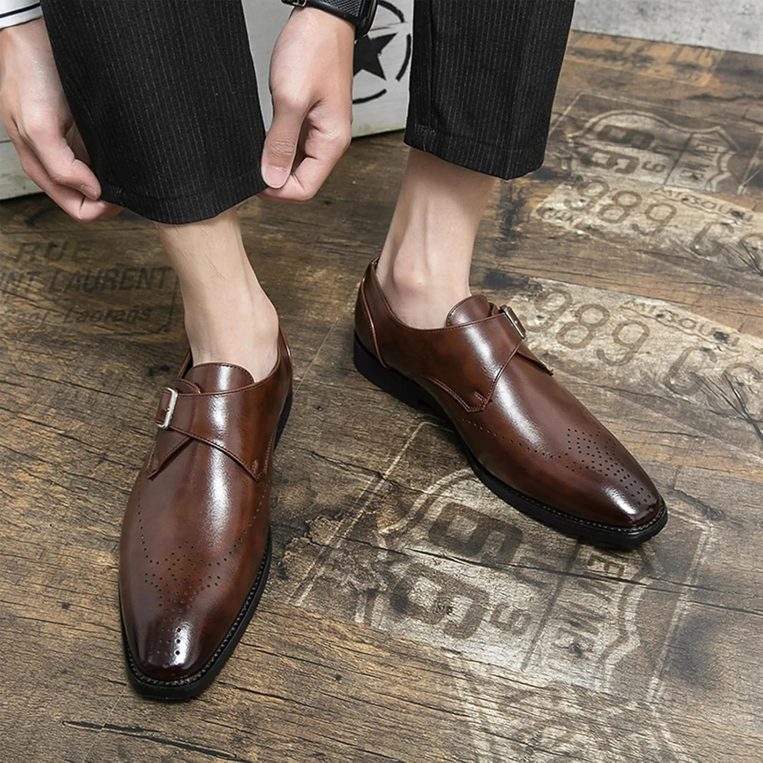 Men's Single Monk Shoes Smart British Style Microfiber Leather Dress Brogues