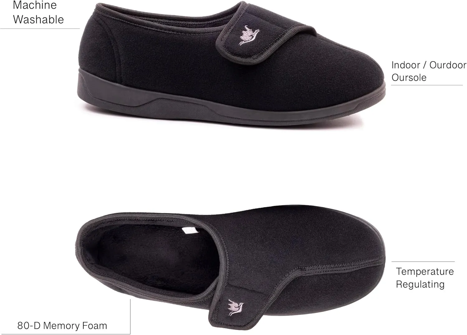 Men's Wide, Extra-Wide 80-D Memory Foam Adjustable Closure Slippers, Comfy Warm Plush Fleece Arthritis Edema Adjustable Closure House Shoes Breathable Machine Washable Indoor/Outdoor w/Anti Slip Sole