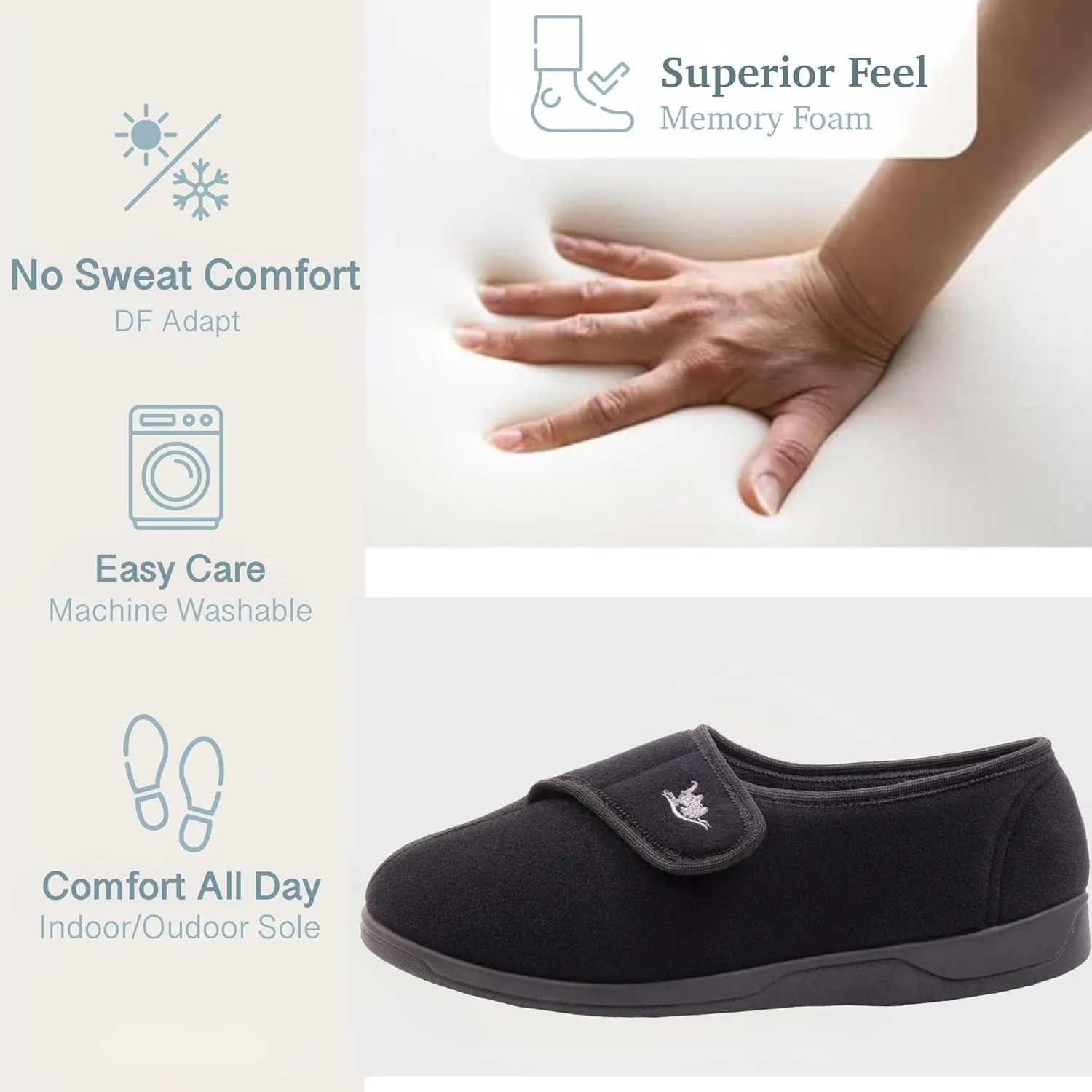 Men's Wide, Extra-Wide 80-D Memory Foam Adjustable Closure Slippers, Comfy Warm Plush Fleece Arthritis Edema Adjustable Closure House Shoes Breathable Machine Washable Indoor/Outdoor w/Anti Slip Sole