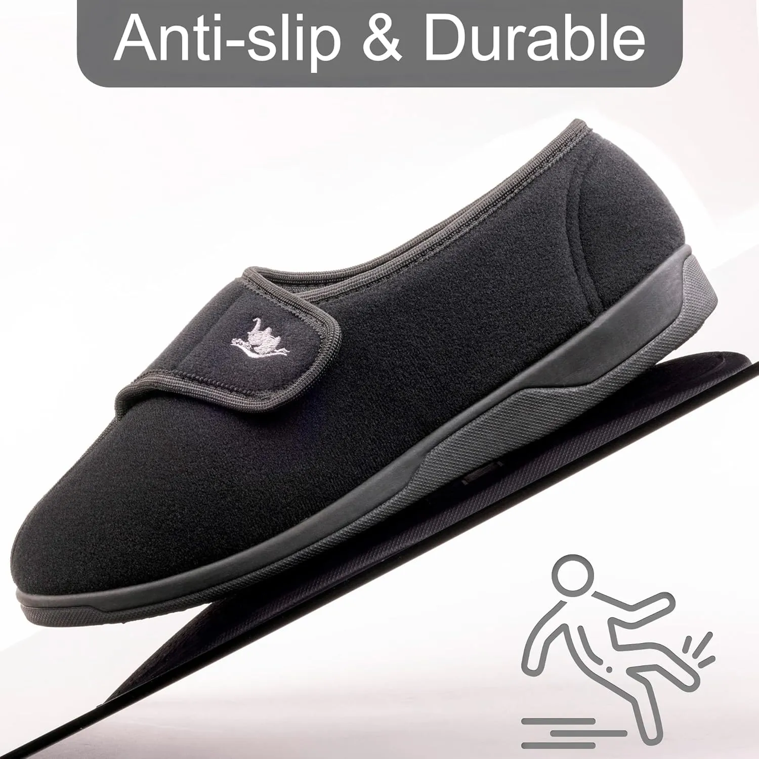 Men's Wide, Extra-Wide 80-D Memory Foam Adjustable Closure Slippers, Comfy Warm Plush Fleece Arthritis Edema Adjustable Closure House Shoes Breathable Machine Washable Indoor/Outdoor w/Anti Slip Sole