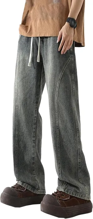 Mens Wide Leg Stylish Skater Jeans Casual Loose Fit Denim Pants Vintage Streetwear Hip Hop Jeggings