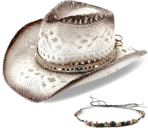 Men's Women's Straw Cowboy Hat Cowgirl Woven Sun Hat Western Cowboy Hat Two Decorative Bands