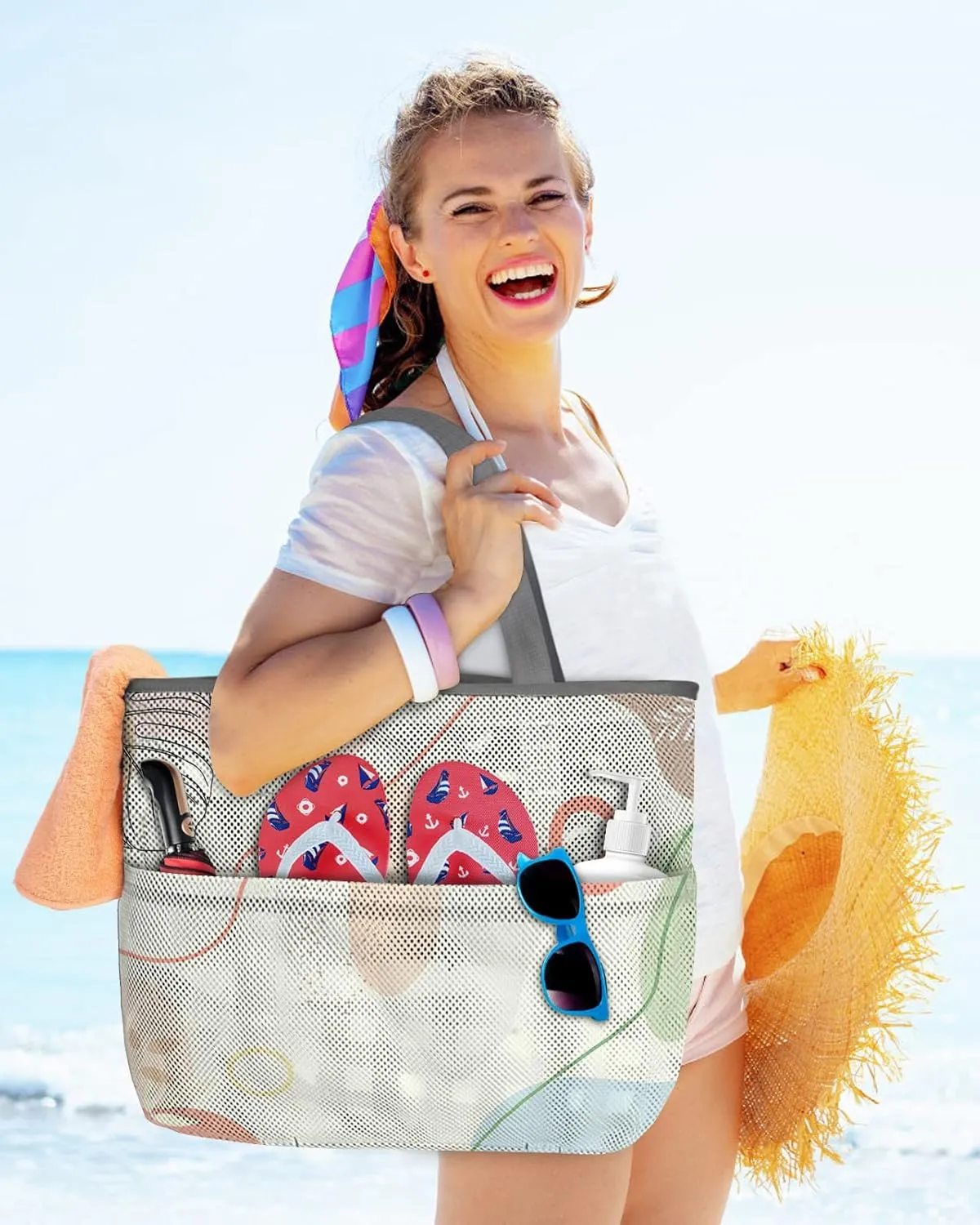 Mesh Beach Bag Oversized Tote Bags Boho Abstract Leaves Morandi Color Doodle Large Travel Pool Bags Tote Bags with 8 Pockets