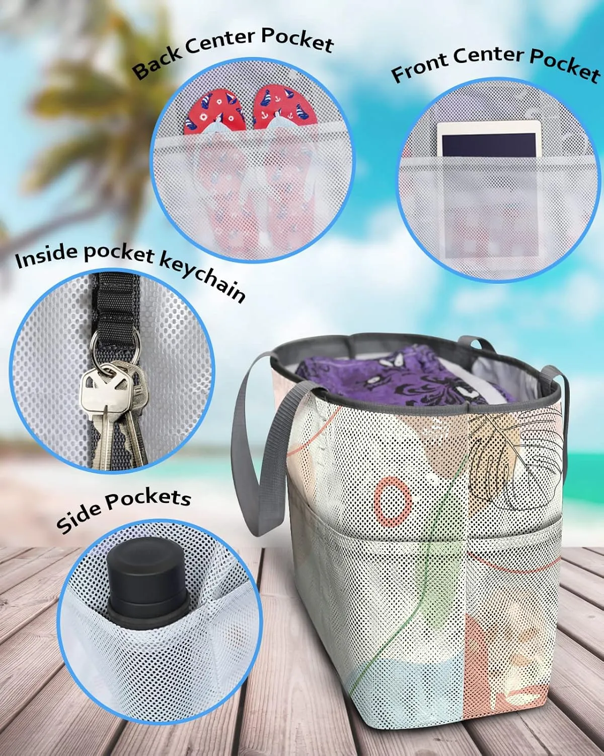 Mesh Beach Bag Oversized Tote Bags Boho Abstract Leaves Morandi Color Doodle Large Travel Pool Bags Tote Bags with 8 Pockets