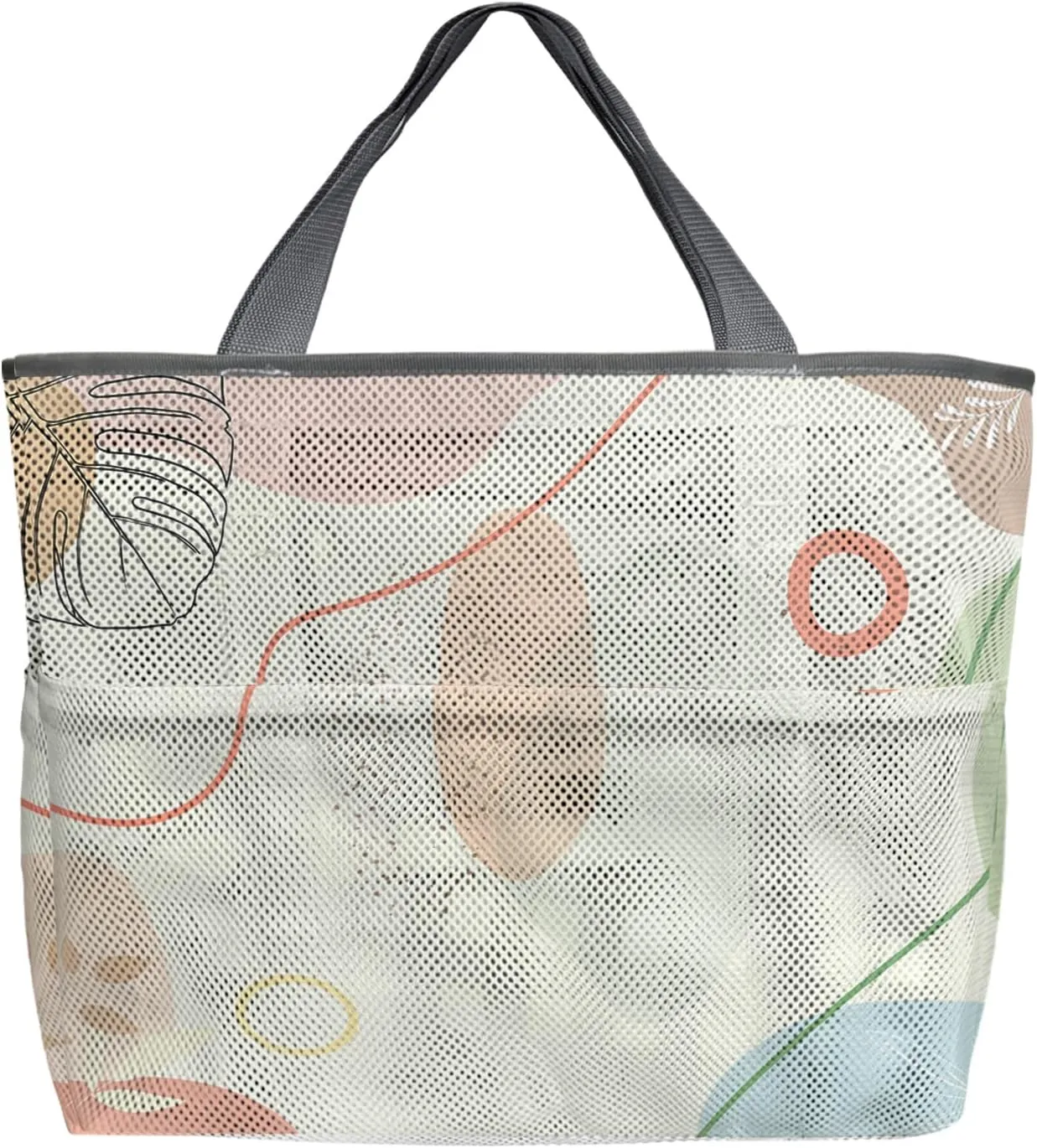 Mesh Beach Bag Oversized Tote Bags Boho Abstract Leaves Morandi Color Doodle Large Travel Pool Bags Tote Bags with 8 Pockets
