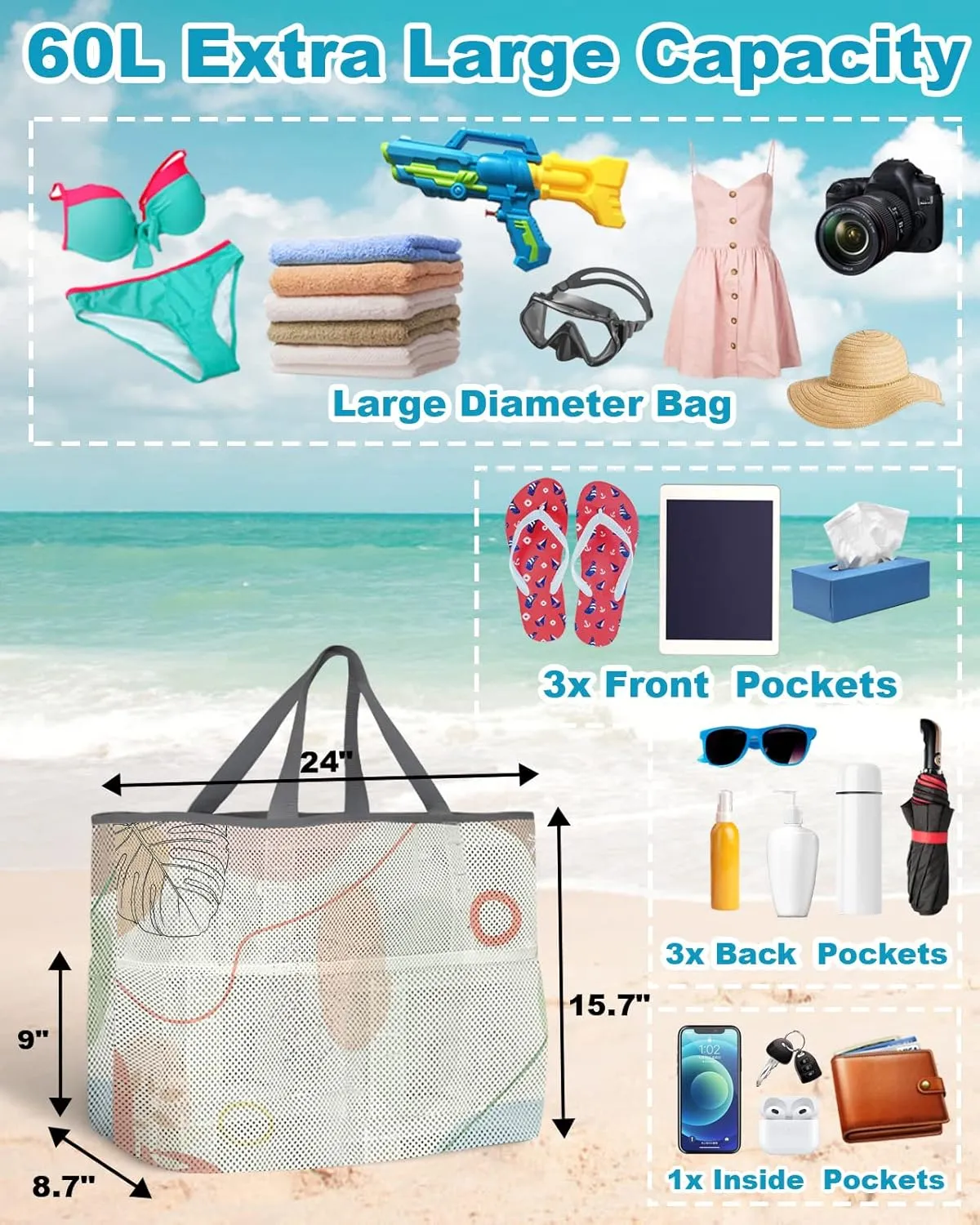 Mesh Beach Bag Oversized Tote Bags Boho Abstract Leaves Morandi Color Doodle Large Travel Pool Bags Tote Bags with 8 Pockets