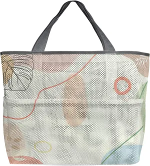 Mesh Beach Bag Oversized Tote Bags Boho Abstract Leaves Morandi Color Doodle Large Travel Pool Bags Tote Bags with 8 Pockets