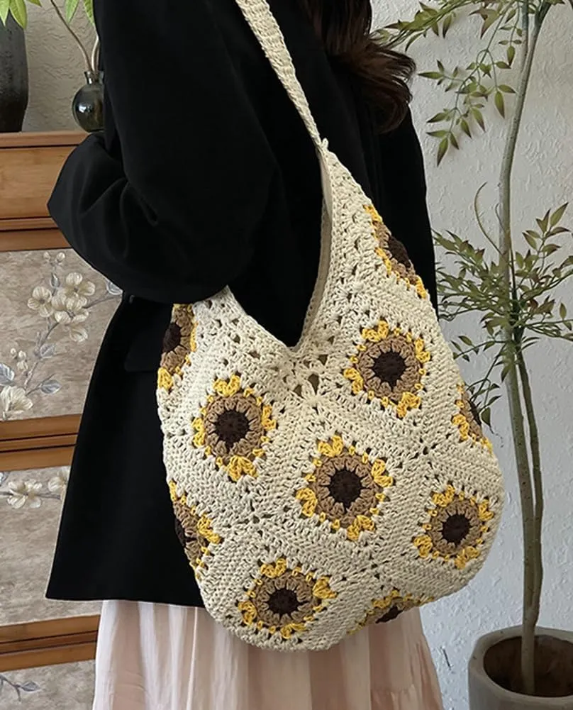 Mesh Beach Tote Bag, Woven Summer Vacation Aesthetic Boho Tote Bag for Women Shoulder Shopping Handbag Stylish crossbody