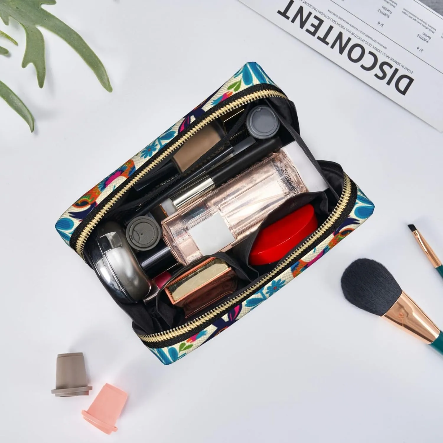 Mexican Otomi Animals Printed Small Makeup Bag,Travel Cosmetic Bag Purse with Zipper,Water-resistant Makeup Organizer Bag for Women